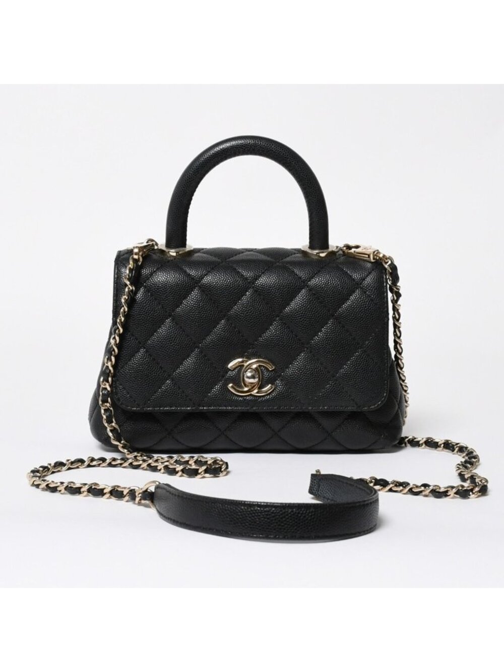 Chanel Top Handle 2-Way Bag CC Logo Caviar Leather Black Gold
